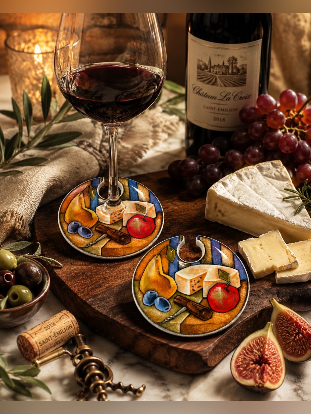 Vintage Wine & Cheese Ceramic Coaster Set | Set of 2 | Wine Lover Décor